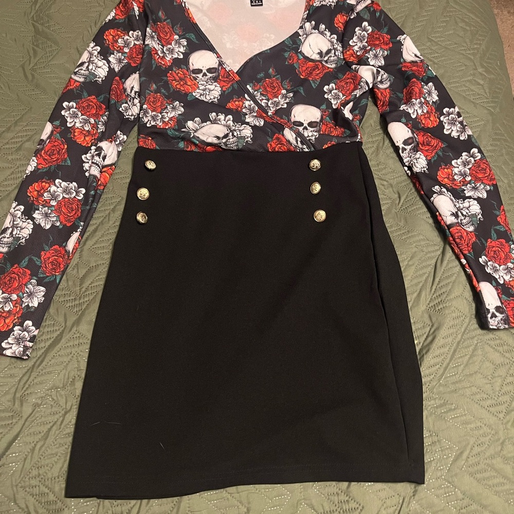 Floral Skull Print Black Dress
